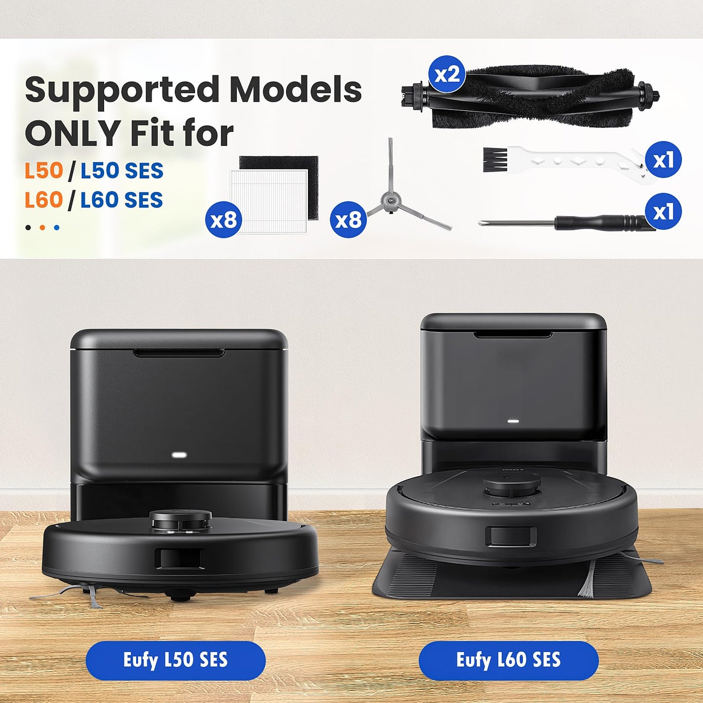 Accessories Kit for eufy L60 / L50 Vacuum Robot, Replacement Parts Include 2 Roller Brushs, 8 HEPA Filters, 8 Side Brushs, 4 screws, 1 Clean Tool and 1 screwdriver