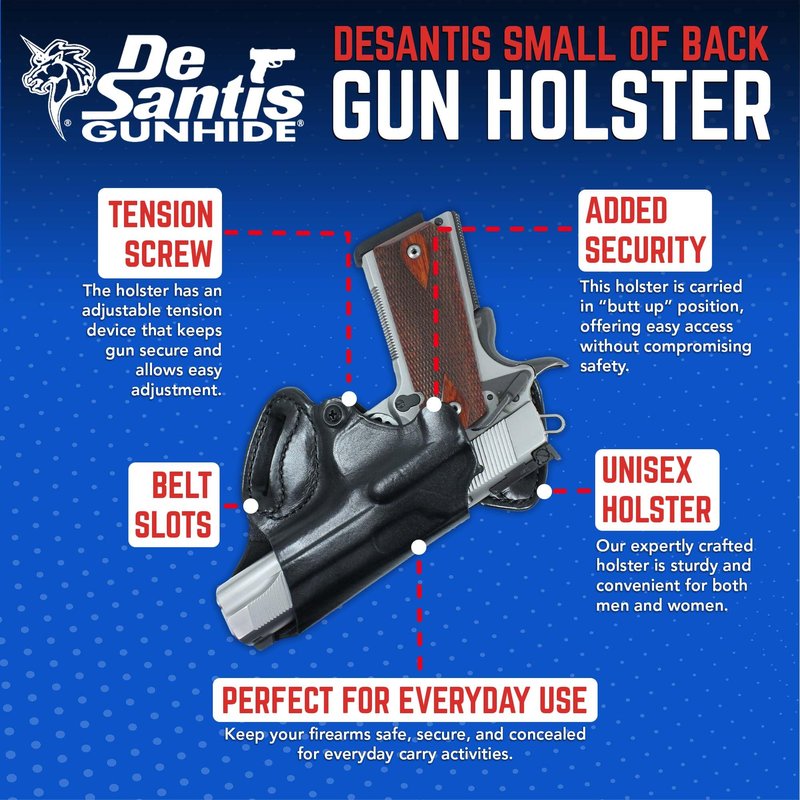 DeSantis Small of Back (S.O.B.) OWB Gun Holster- Leather Holster for Pistols, Fits Standard 1911 Models 3"-5", from COLT, S&W, SIG Sauer, Ruger, Kimber, Springfield, and Others- Right Hand Draw, Black
