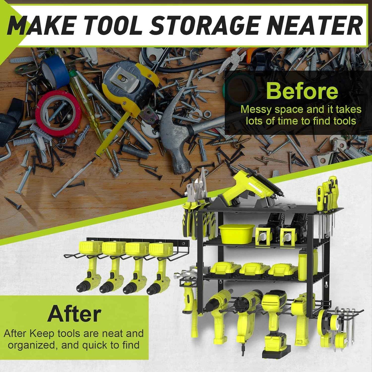Heavy-Duty Wall-Mount Power Tool Organizer - 3 Extra Large Layers, 300lbs Capacity, 8 Cordless Drill Holders for Garage & Workshop