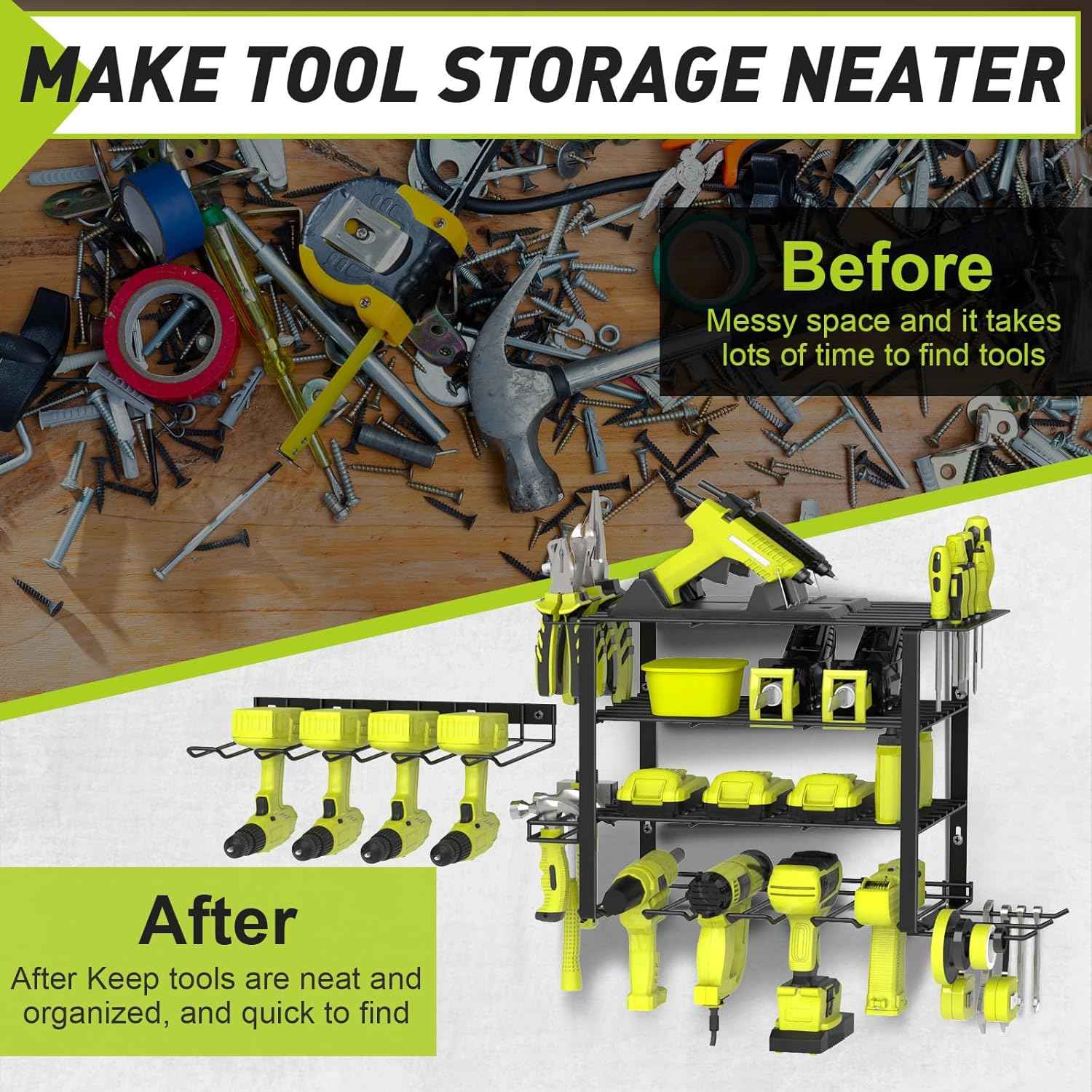 Heavy-Duty Wall-Mount Power Tool Organizer - 3 Extra Large Layers, 300lbs Capacity, 8 Cordless Drill Holders for Garage & Workshop