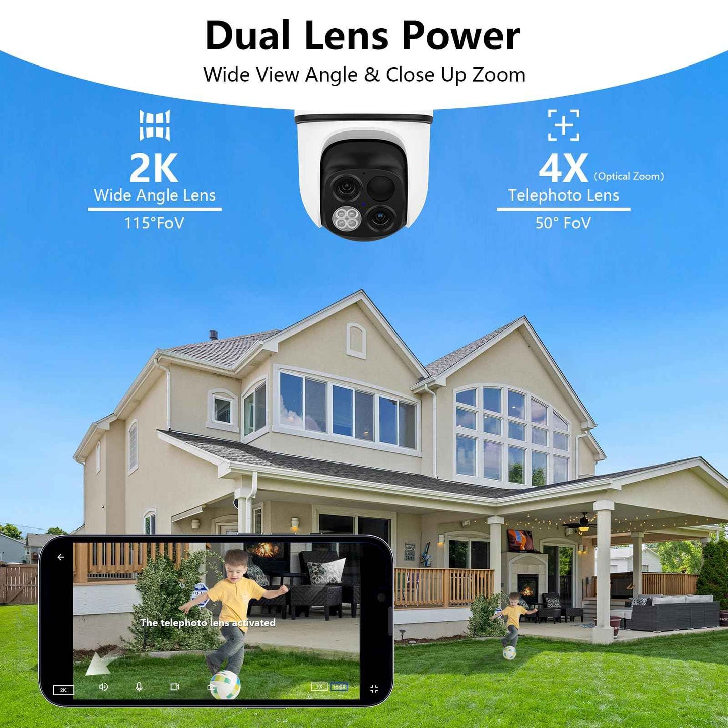 wansview Solar Camera Outdoor Wireless-2K 360°PTZ Cameras for Home Security with Dual Lens, Solar Panel/Battery Powered, PIR Detection, Color Night Vision, 2.4Ghz Wi-Fi Only, Works with Alexa, B7 1P W