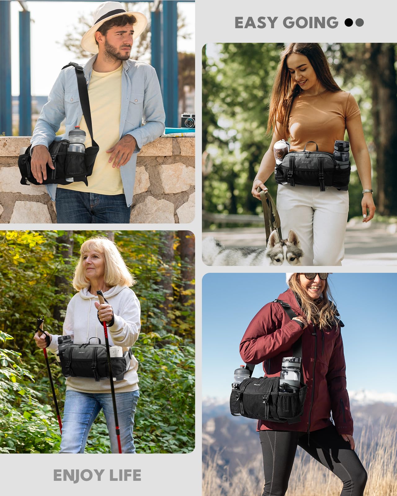 WATERFLY Large Hiking Fanny Pack: 3L Waist Bag with 2 Bottle Holders for Women Men - 9 Pockets & Adjustable Belt Lumbar Hip Packs for Travel Running Cycling Camping Workout (Bottles Not Included)
