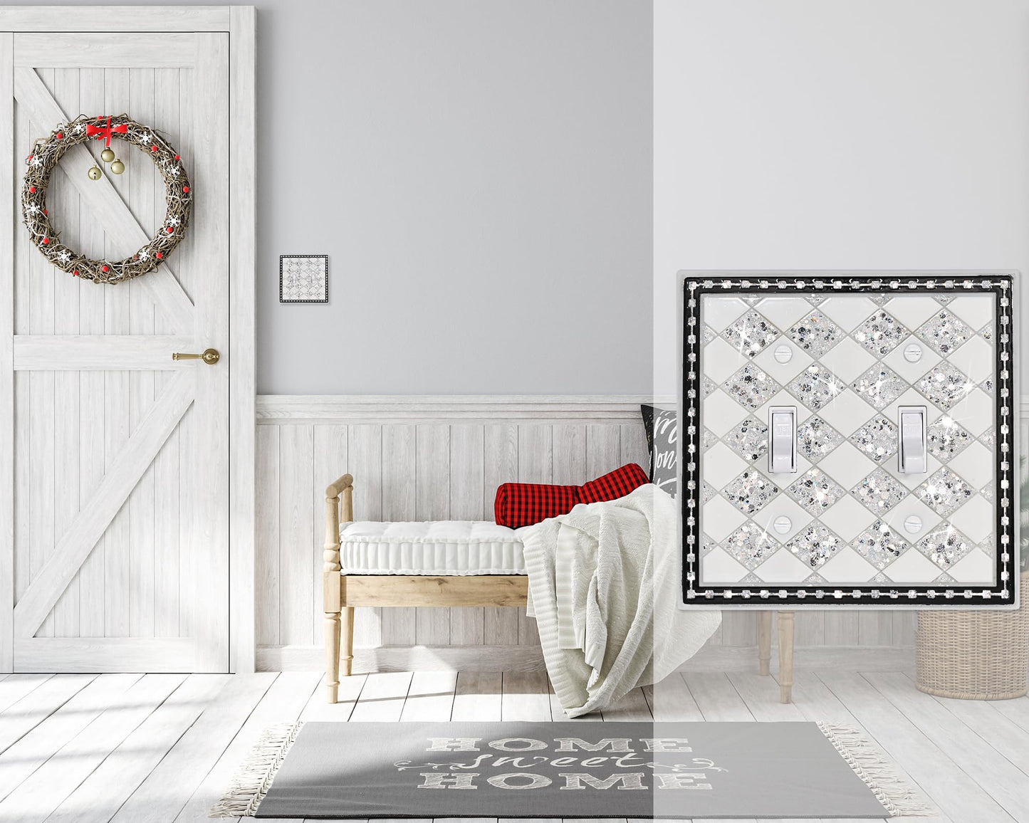 YNQIZKI Light Switch Cover Plate,Silver Sparkle 2 Gang Wall Plate,Bling Switch Plate Covers,Double Toggle Midsize 4.9''x4.8''