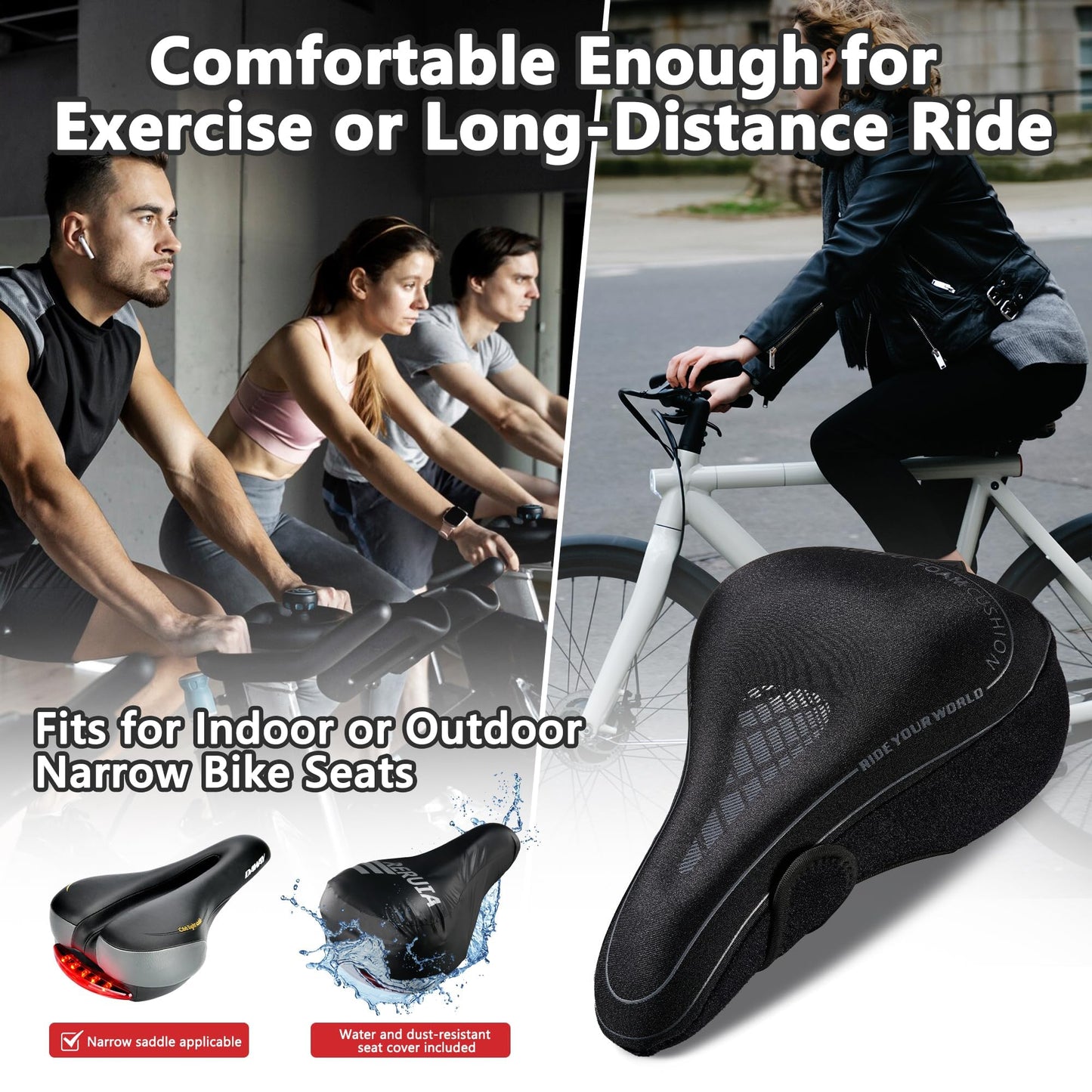 DAWAY C7 Comfortable Narrow Bike Seat Cover - Soft Memory Foam Padded Exercise Bicycle Seat Cushion for Men Women Kids, Fits for Peloton, Stationary, Mountain Road Bike Saddle, 11 x 8 Inches