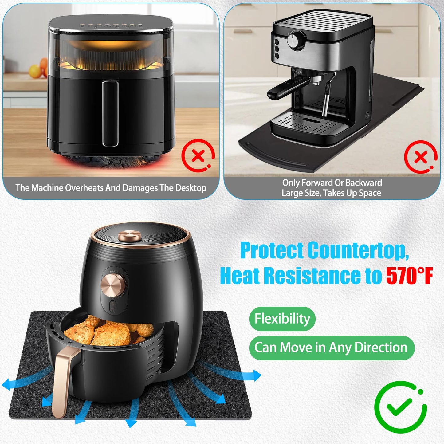 2 Pcs Heat Resistant Mat for Air Fryer, 12" x 17" Thickened Kitchen Countertop Protector Mat Cut to Fit, Non Slip Heat Proof Pad with Sliding Function for Blender, Coffee Maker, Toaster, Microwave