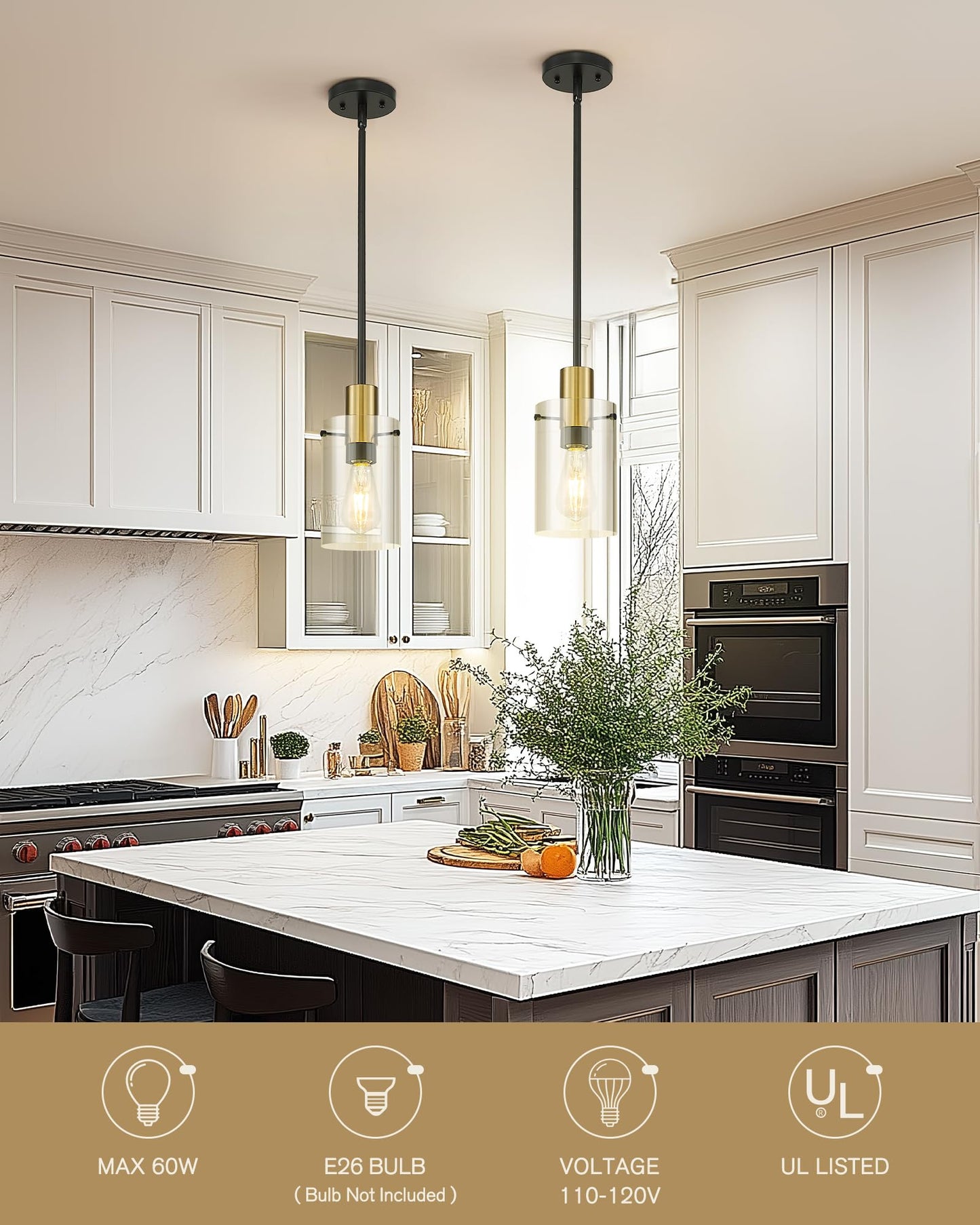 Emak 2 Pack Black and Gold Pendant Light,Modern 5 Inch Pendant Lights Kitchen Island with Clear Glass Shade, Farmhouse Kitchen Island Lighting for Dining Room, Bathroom, PL127-BKBGD-CG-2PK