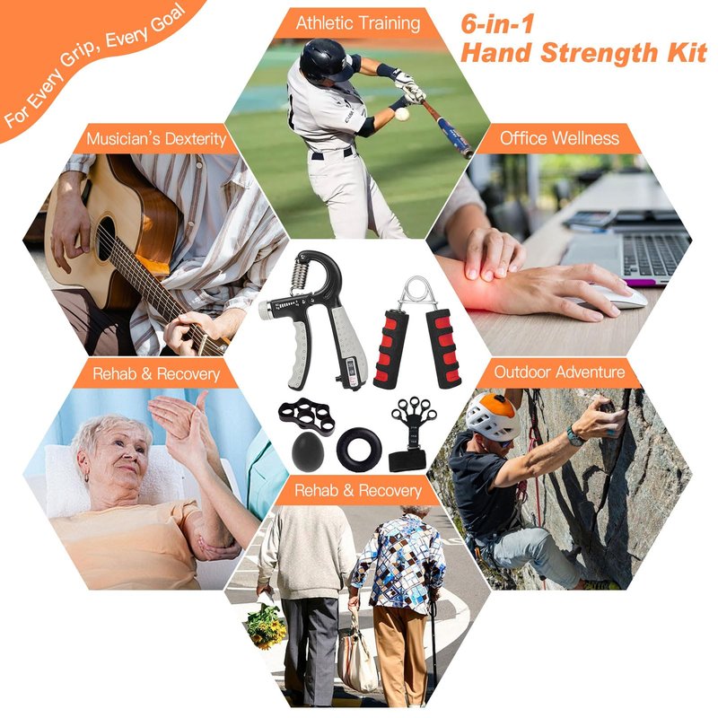CYFIE Grip Strength Trainer Kit (6 Pack), Hand Grip Strengthener, with Adjustable, Forearm Strengthener, Finger Strengthener, Finger Exerciser, Stress Relief Ball & Grip Ring for Workout, Muscle Building and Recovery
