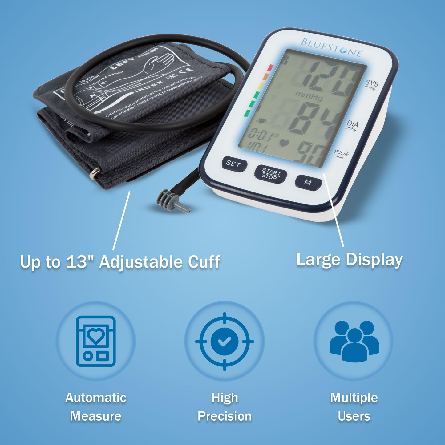 Bluestone Automatic Blood Pressure Cuff - Electronic Digital Blood Pressure Cuff Wrist and Upper Arm Heart Monitor with LCD Screen - Personal Health Tracking Device for Hypertension