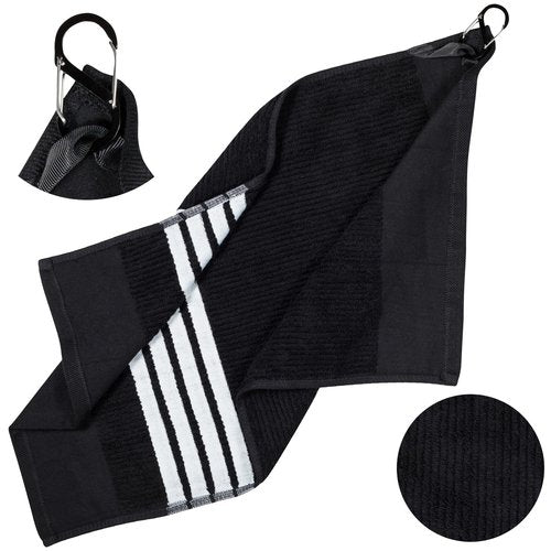 Golf Guys Tour Towel Terry Cloth Golf Towel (15.5" x 23") with Premium Carabiner Golf Bag Clip | Super Absorbent, Golf Ball Cleaning Towel, Black w/White Stripes