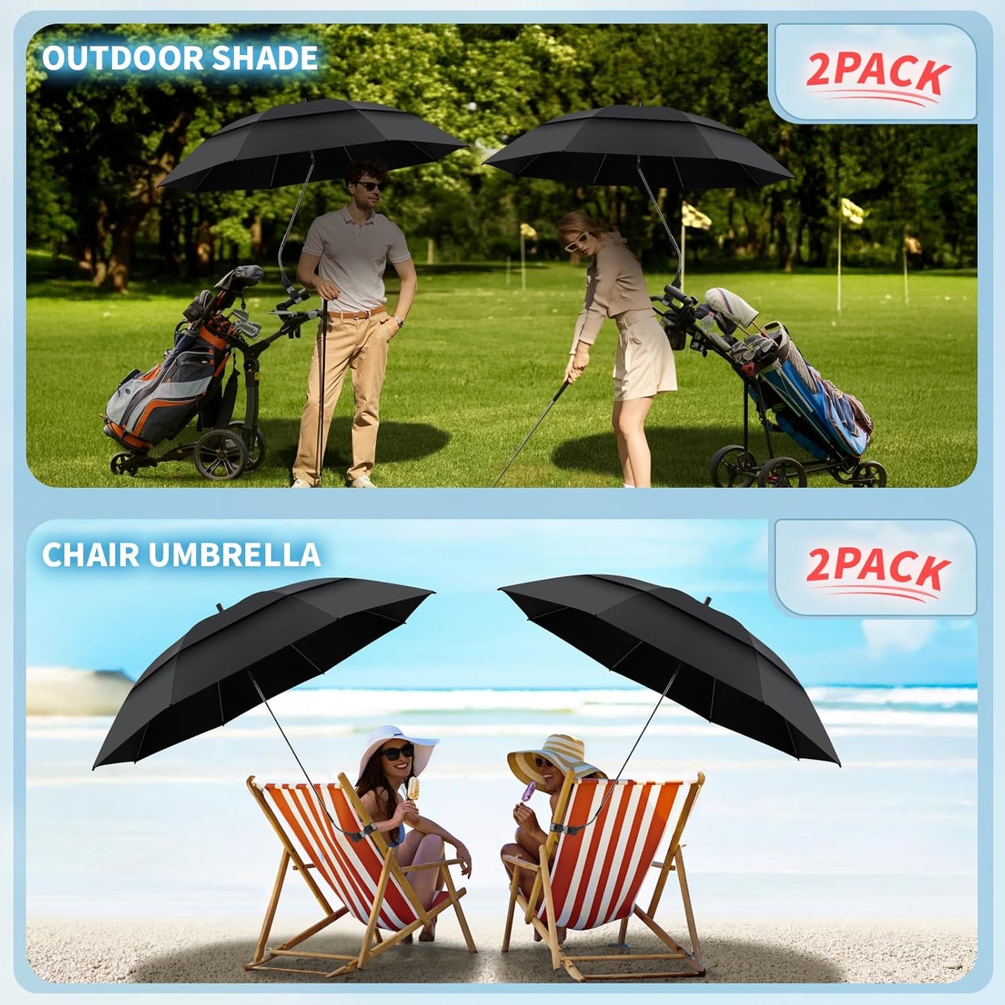 Skiennix 48.6" Double Canopy Umbrella - UPF50+ Portable Beach Chair Umbrella with Clamp & 360° Adjustment | Black