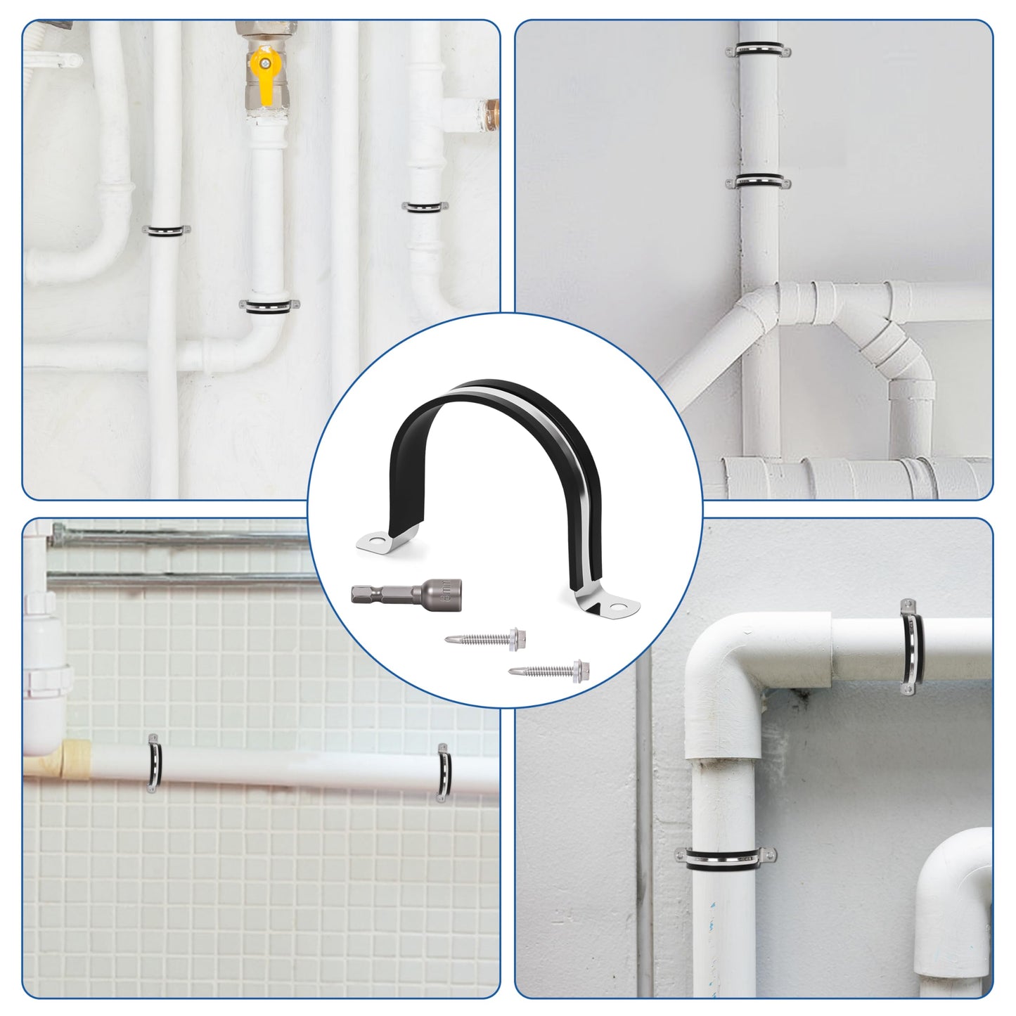 Oovivat Pipe Clamps 5/8 Inches (Φ16MM)- 304 Stainless Steel & Rubber Lining heavy duty Pipe Strap clamp 10 Pack