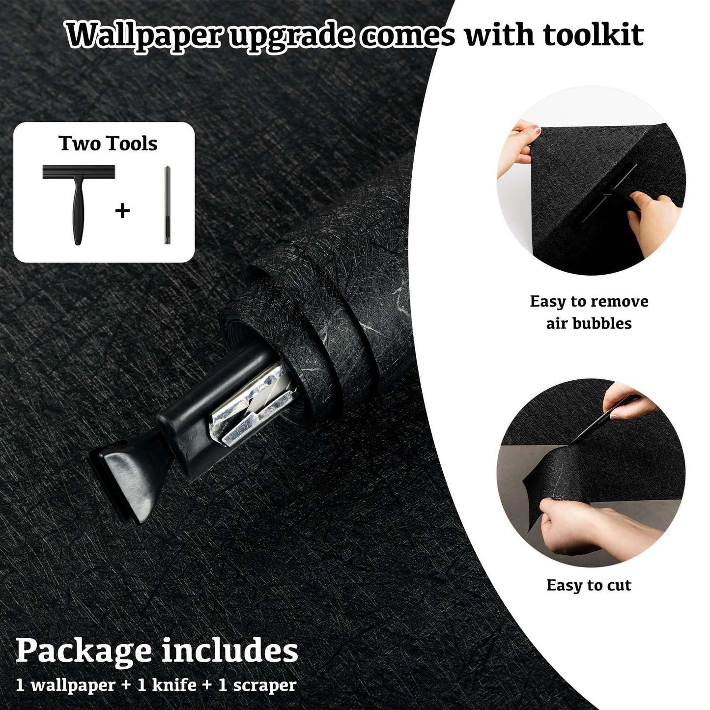 Black Silk Wallpaper Peel and Stick Embossed Self Adhesive Contact Paper 15.7" x 118" Removable Waterproof Kitchen Vinyl Wrap Cabinet Textured Renter Friendly Wall Cover with Scraper, Paper Cutter