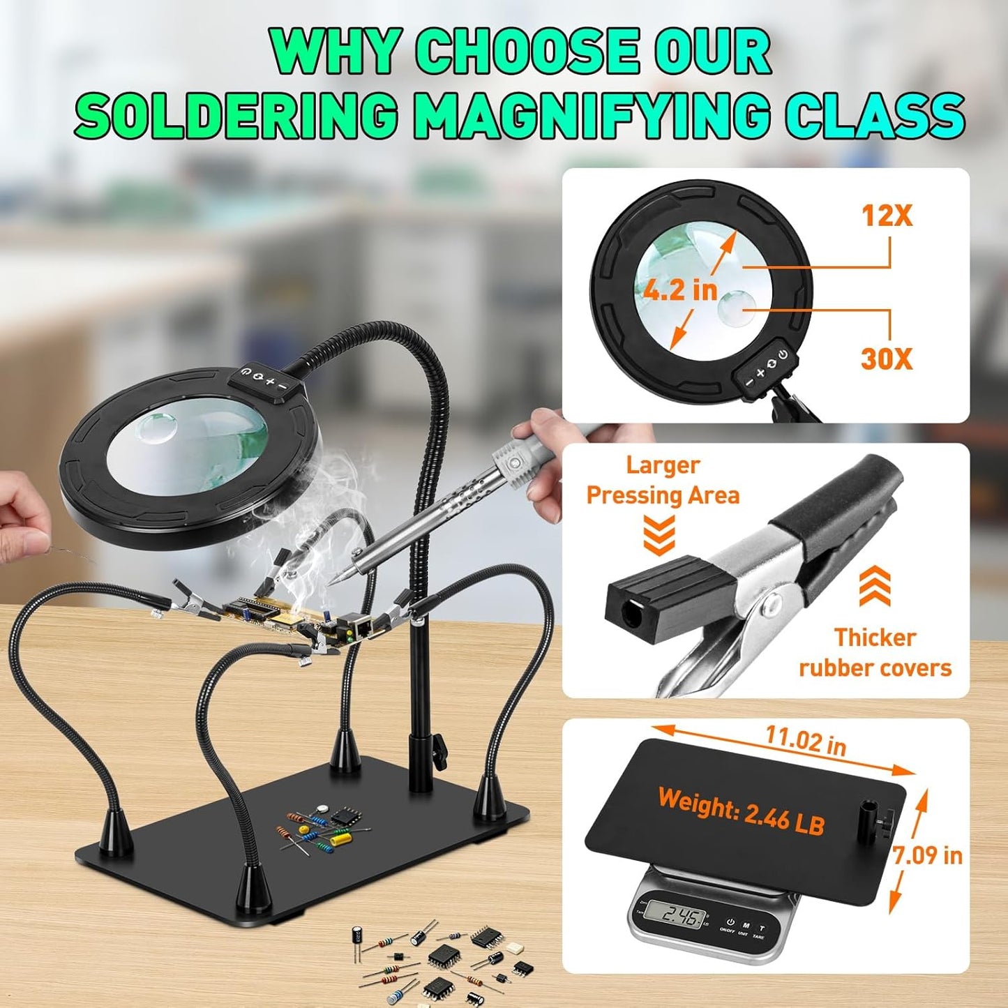 30X/12X LED Magnifying Glass with Light & Stand - Dimmable Soldering Helper for Crafts & Repairs