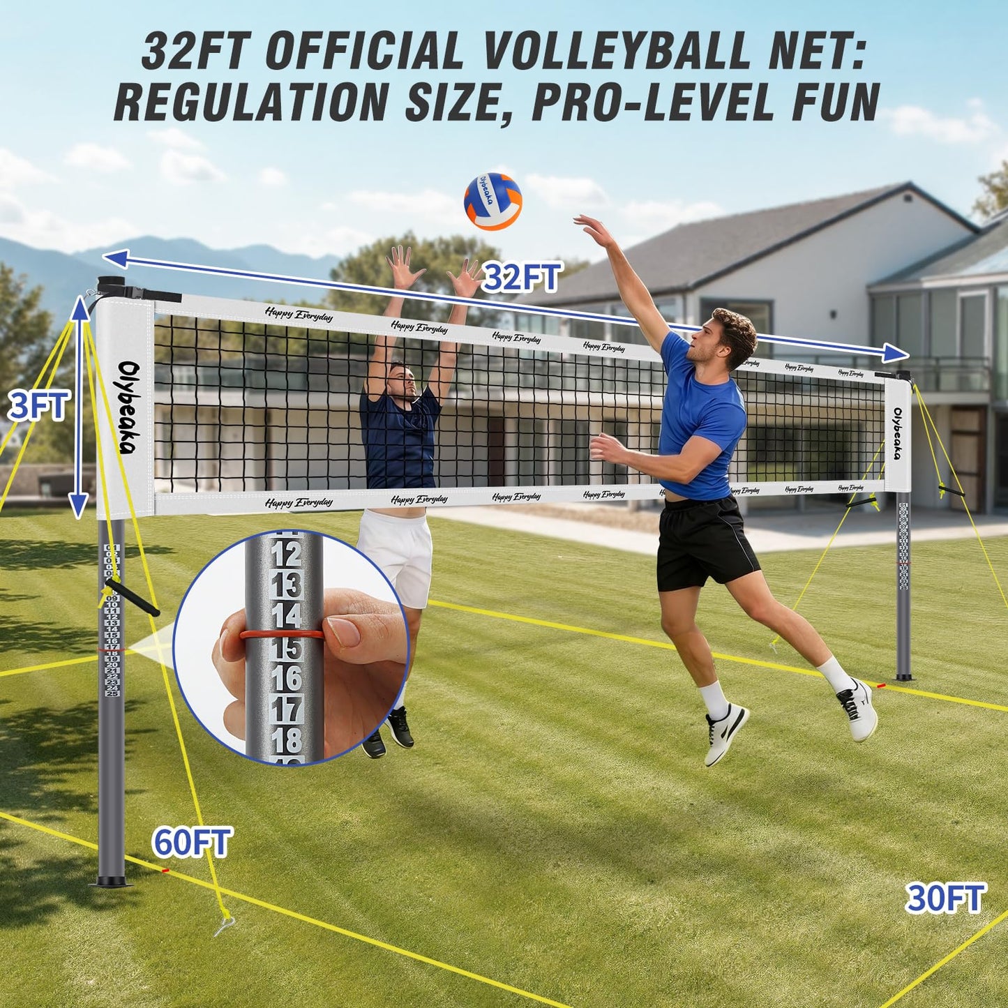 32ft / 20ft Portable Outdoor Volleyball Net Set for Grass Backyard Beach with 1.25" Height Adjustable Steel Poles, 28-ply Durable PE Net, PU Volleyball & Pump, Carry Bag (White, 32ft)
