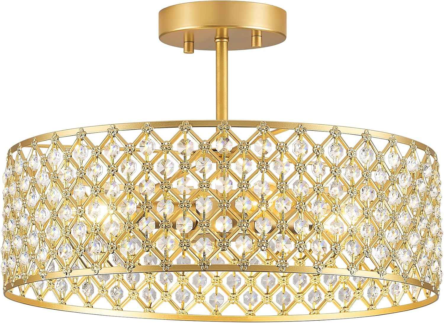 Modern Black Crystal Semi Flush Mount Ceiling Light Fixture - 11.2" Round Chandelier for Dining Room, Hallway, Kitchen & Bedroom