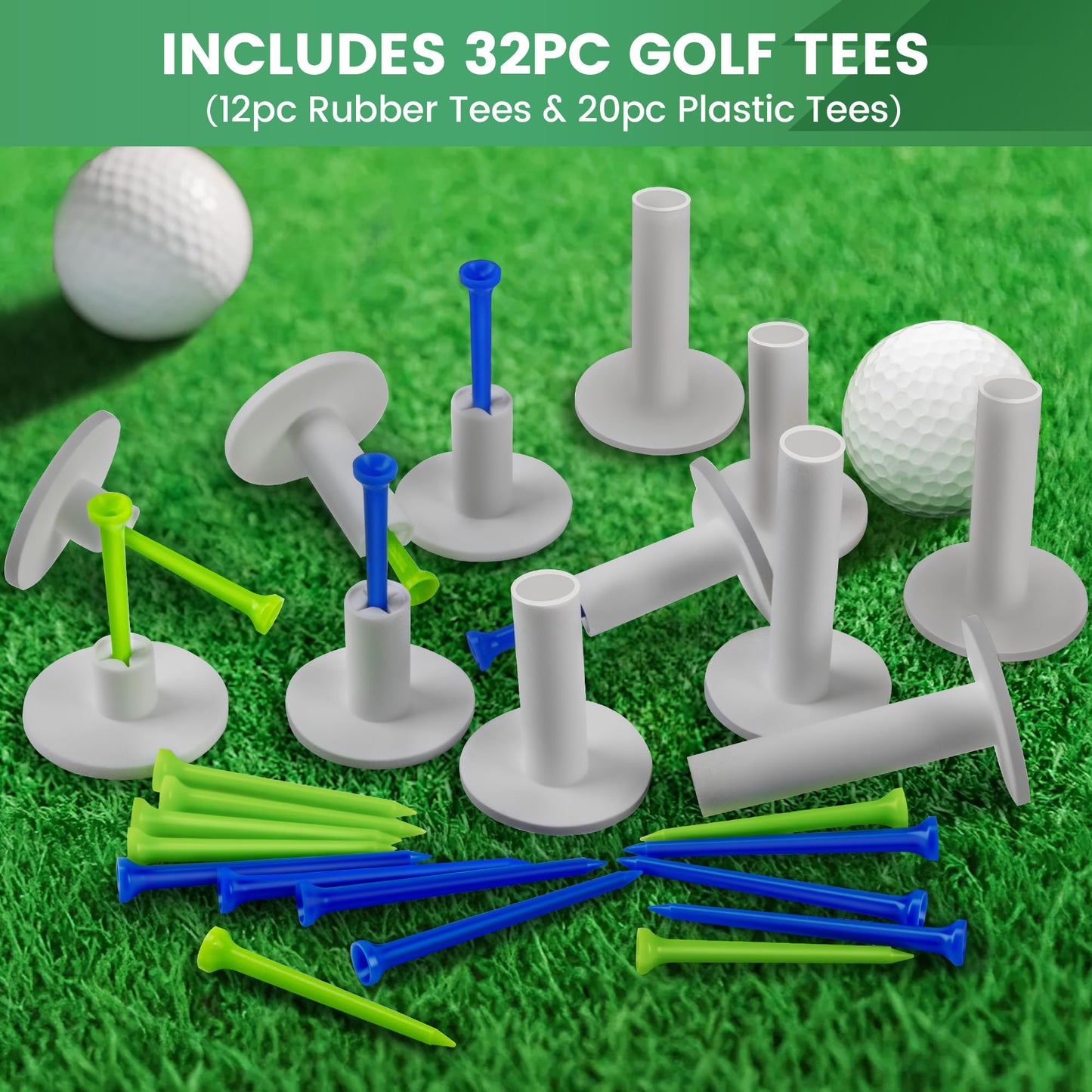 Seticek Rubber Golf Tees for Mats | Golf Tees for Driving Range & Indoor Simulators | Excellent Durability and Stability Rubber Tees | 6 Mixed Sizes Rubber Tees & 2 Sizes Tees (32 Pcs)