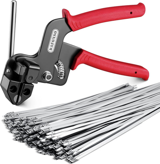 Heavy Duty Stainless Steel Cable Tie Gun Kit - 100PCS 11.8" Zip Ties, 200LBS Strength, UV Resistant for Fencing & Industrial Use