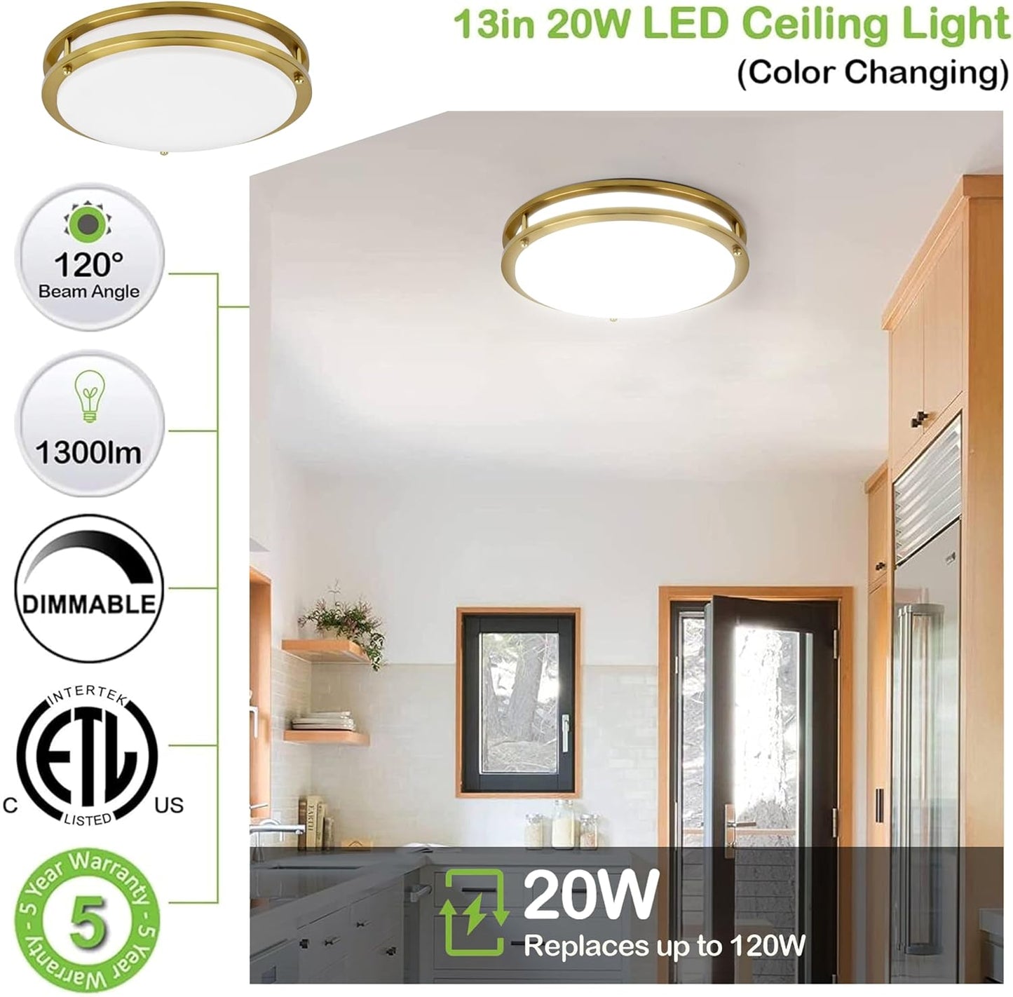 Adjustable 13-Inch Gold LED Flush Mount Ceiling Light Fixture - Dimmable 2700K-5000K for Hallway, Bathroom & Kitchen (2-Pack)