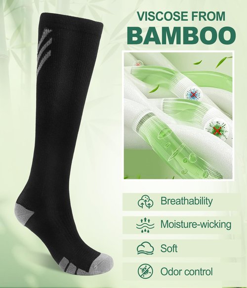 JODUCE Bamboo Viscose Compression Socks for Men & Women 3 Pairs,15-25 mmHg Knee-High Socks Support for Flying Travel Daily(Black,L/XL)