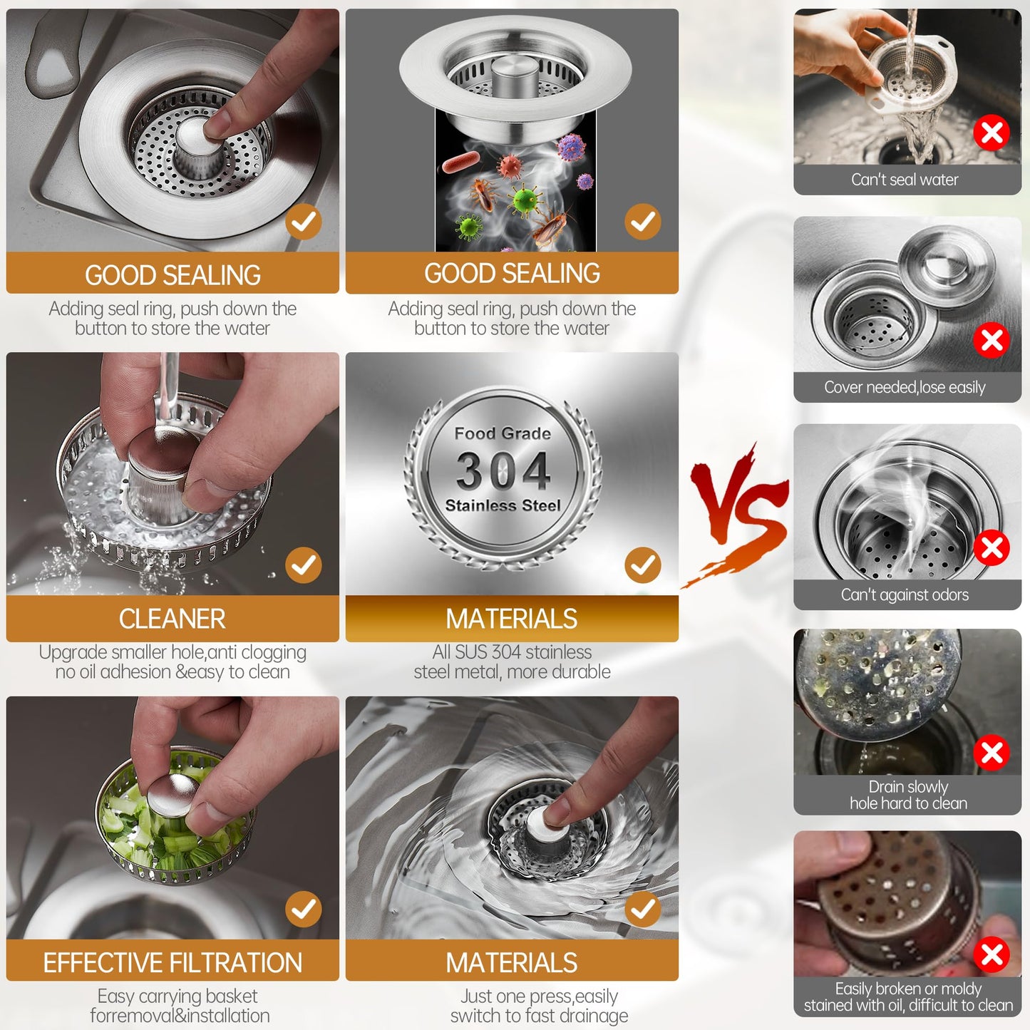 YYKBZ 3 in 1 Kitchen Sink Drain Strainer, Stainless Steel Pop Up Sink Stopper, Plug for Sink Drain Strainer with Anti-Clogging Basket for Us Standard 3-1/2"Drain Easy to Install (1pcs)