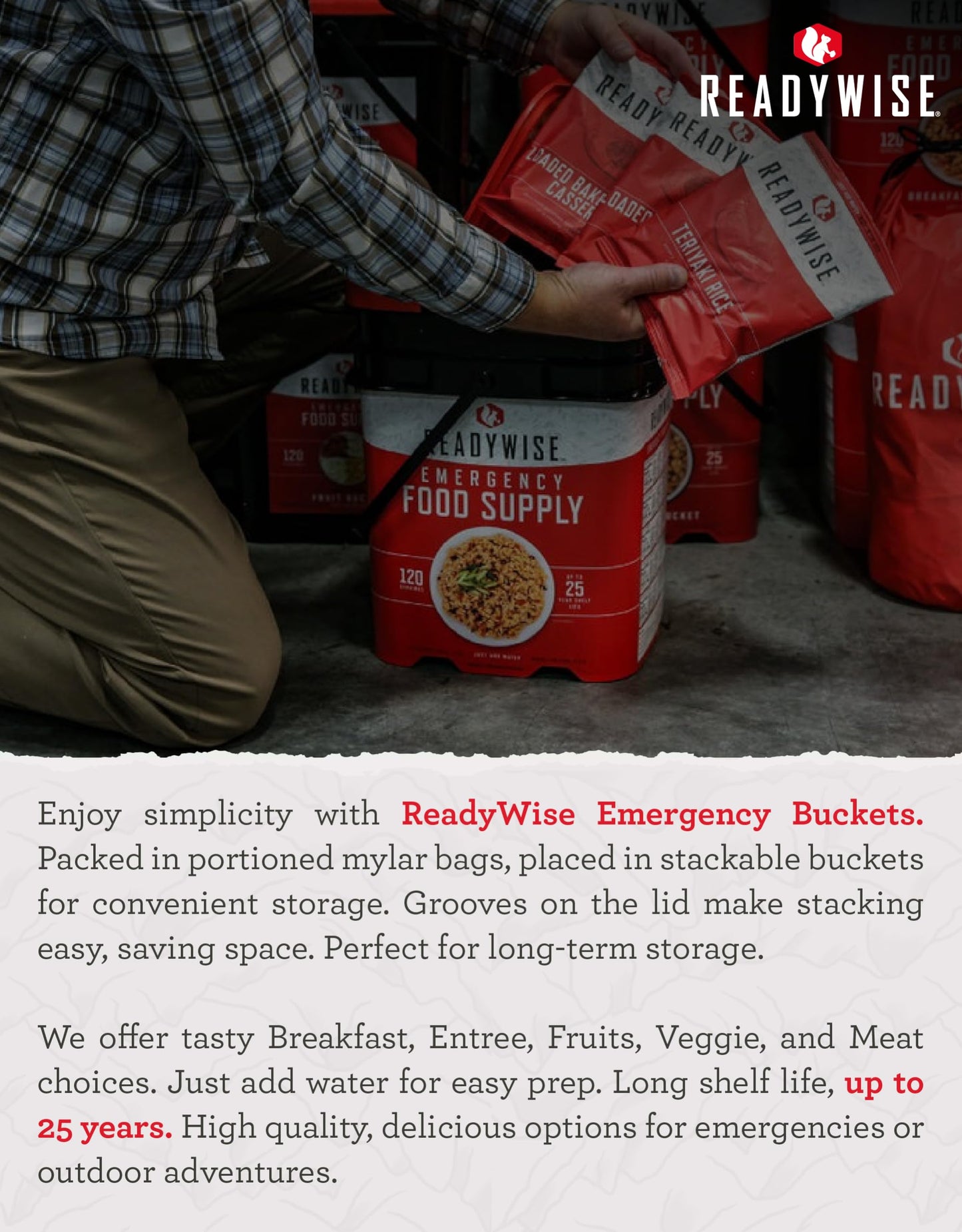 ReadyWise 30 Day Emergency Food Supply - 296 Servings, 2 Buckets, Freeze Dried Protein Meals, Survival Food Storage, Ready to Eat, up to 25 Year Shelf Life