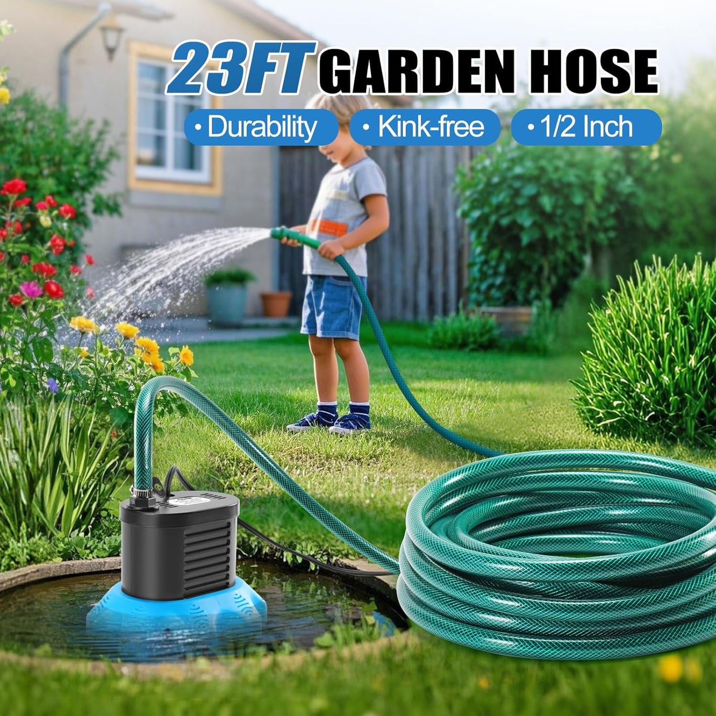 850 GPH Pool Cover Pump with 4 Hose Adapters & 23 FT Drain Hose - Ideal for Above Ground Pools, Ponds & Tubs