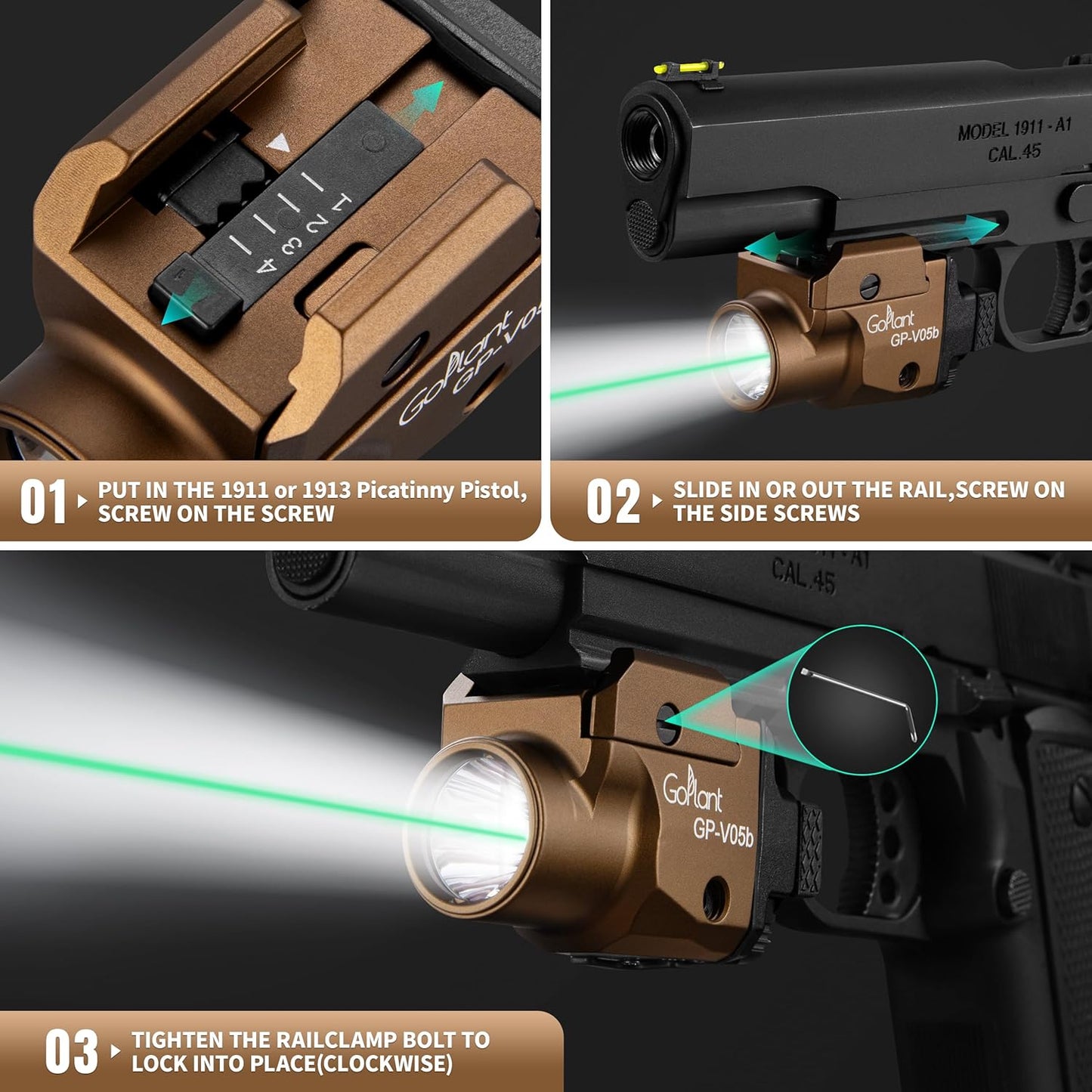 Skiennix 1500 Lumens Tactical Pistol Flashlight - Compact Aircraft-Grade Aluminum with Green Laser Light Combo