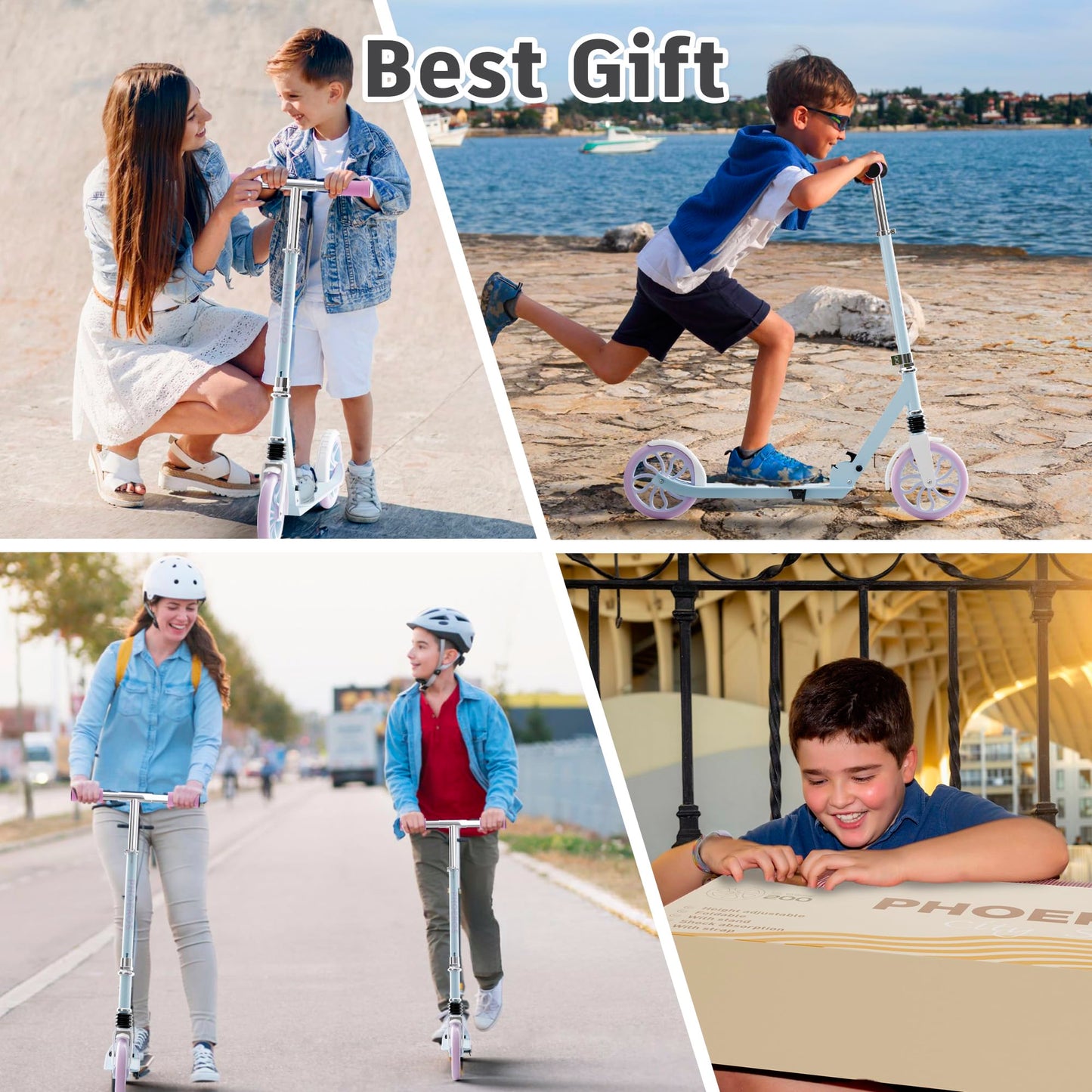PHOEROS Kick Scooter for Kids Ages 6-12,Teens & Adults, Youth. Lightweight Aluminum Kick Scooter for Teens Adults Boys Girls with 8 inch Big Wheels, Foldable, 3 Height Adjustable, Shock Absorption.