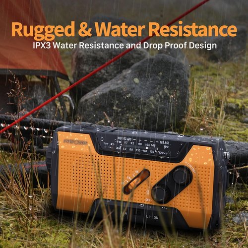 FosPower NOAA Emergency Weather Radio - Portable Power Bank with AM/FM, USB/Solar/Hand Crank, SOS Alarm & Flashlight - Orange