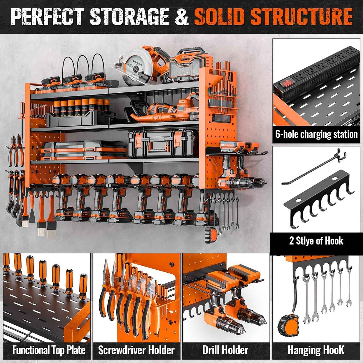 Heavy Duty Wall Mount Power Tool Organizer with Charging Station & 10 Drill Holders