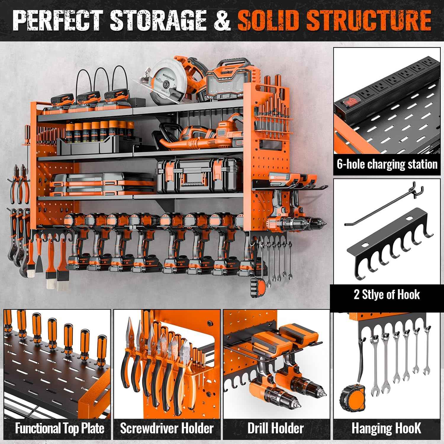 Heavy Duty Wall Mount Power Tool Organizer with Charging Station & 10 Drill Holders