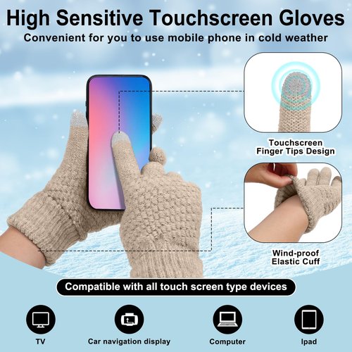 SATINIOR 5 Pieces Winter Beanie Hat Scarf Touchscreen Gloves and Thick Socks Set Knit Fleece Lined Warmer for Men and Women(Beige,Pompom)