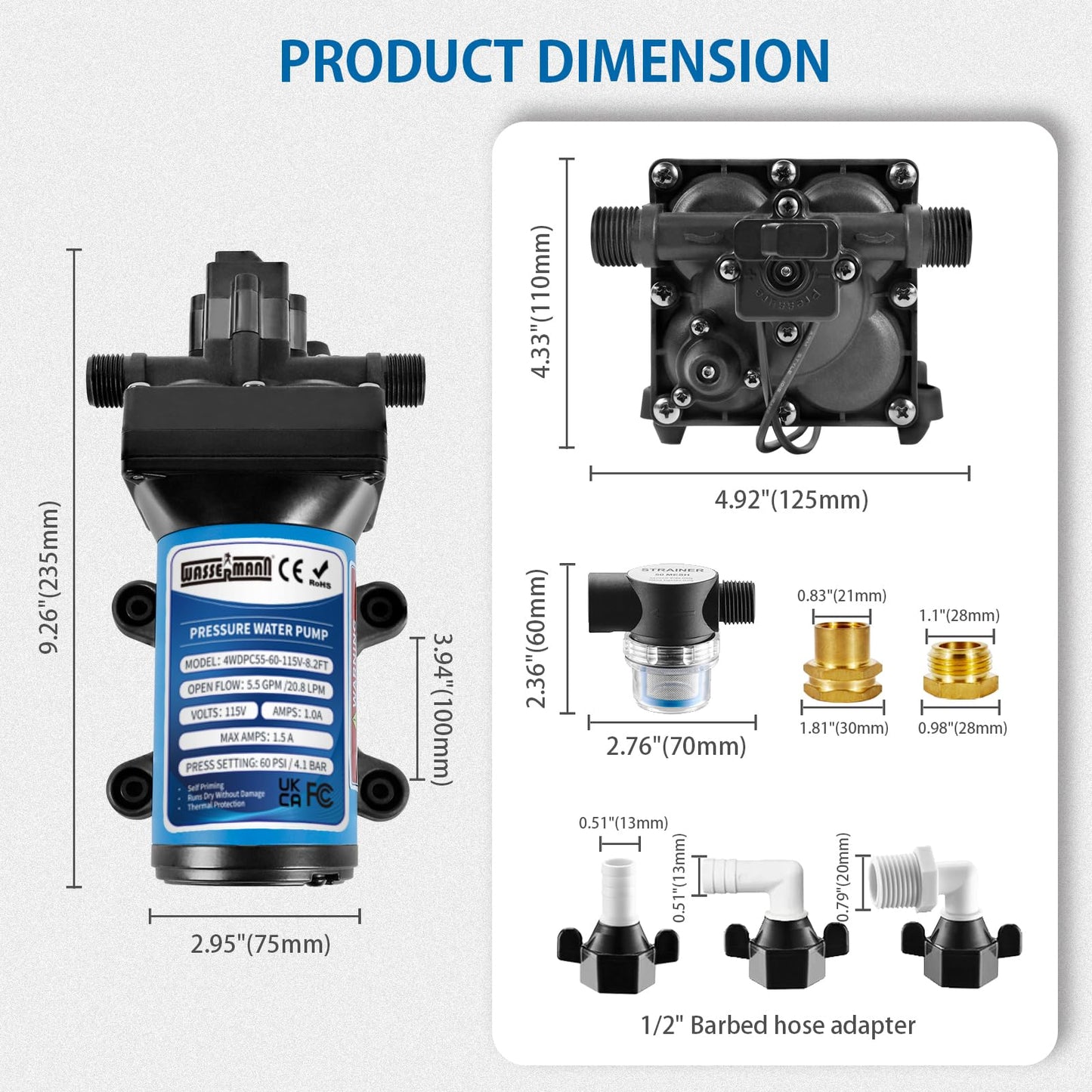 WASSERMANN 115V AC Fresh Water Pressure Booster Pump, 5.5 GPM 60 PSI,Self-Priming Diaphragm Pump with 8.2 FT Power Cord & Plug, Pressure Switch, for Garden Kitchen Bathroom RV Marine Camper, 1/2" NPSM