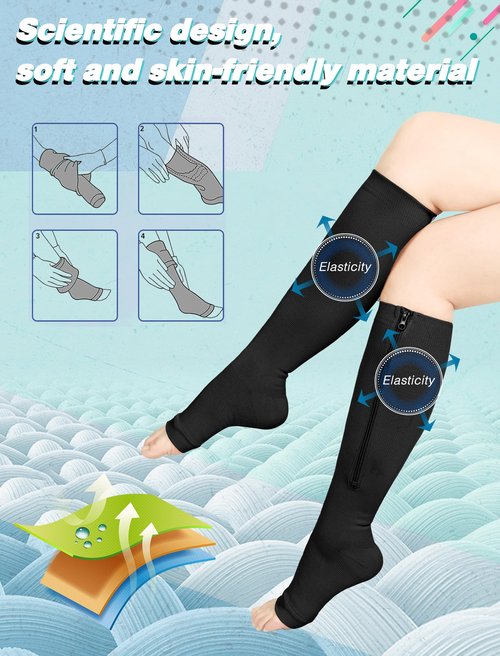 Athbavib 2 Pairs Compression Socks for Women & Men with Zipper 15-20 mmhg, Wide Calf Open Toe Plus Size Compression Socks Men, Knee High Compression Stockings for Flying Nurses Pregnant Women Travel