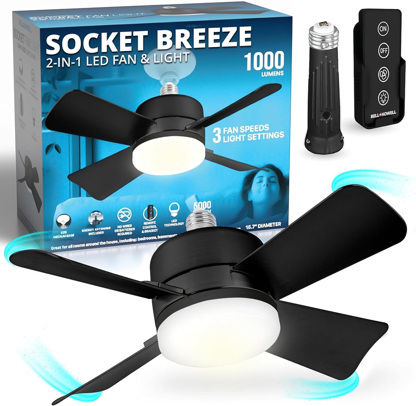 Socket Breeze Ceiling Fan with Light & Remote - Portable 3500K 1000 Lumens E26/E27