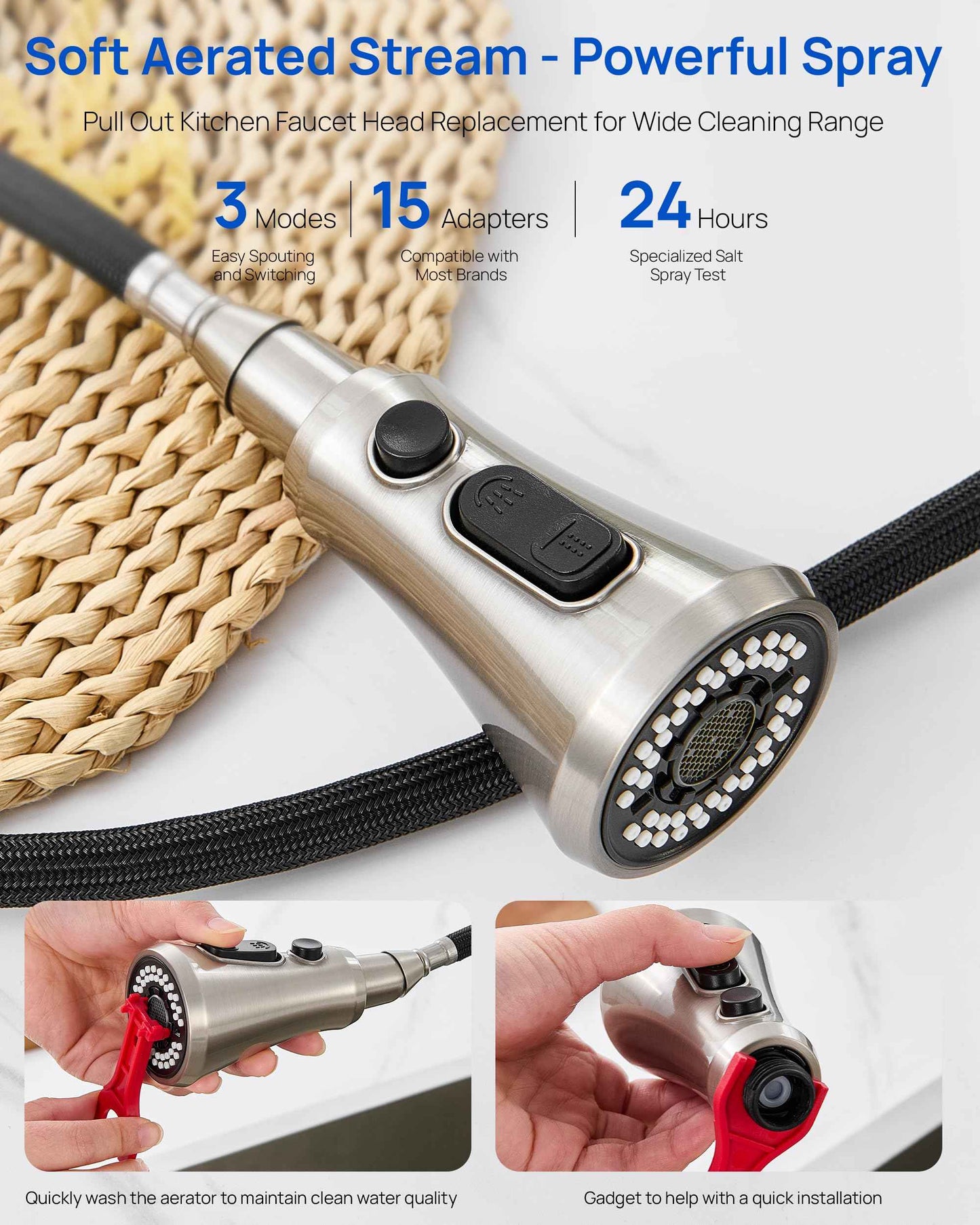 J-HVA Kitchen Faucet Head, Pull Down Kitchen Sink Sprayer Head Replacement for Kitchen Faucet, 3 Functions High Pressure Sink Spray Nozzle, Spray Head with 15 Adapters, Brushed Nickel