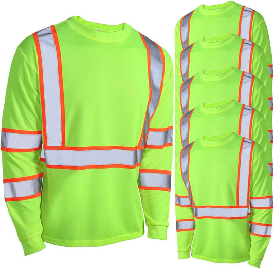 High Visibility Class 3 Safety T-Shirt - 6 Pack Long Sleeve Reflective Work Shirts for Construction & Surveying