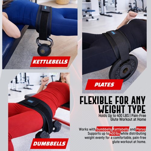 Hip Thrust Belt for Weights, Kettlebells, Plates & Dumbbell, 5 Inch Wide by 25 Inches Long, 4 Locking Straps, Non Slip 7MM Thick Padding, Adjustable Glute Bridge Weight Belt for Workout at Home or Gym