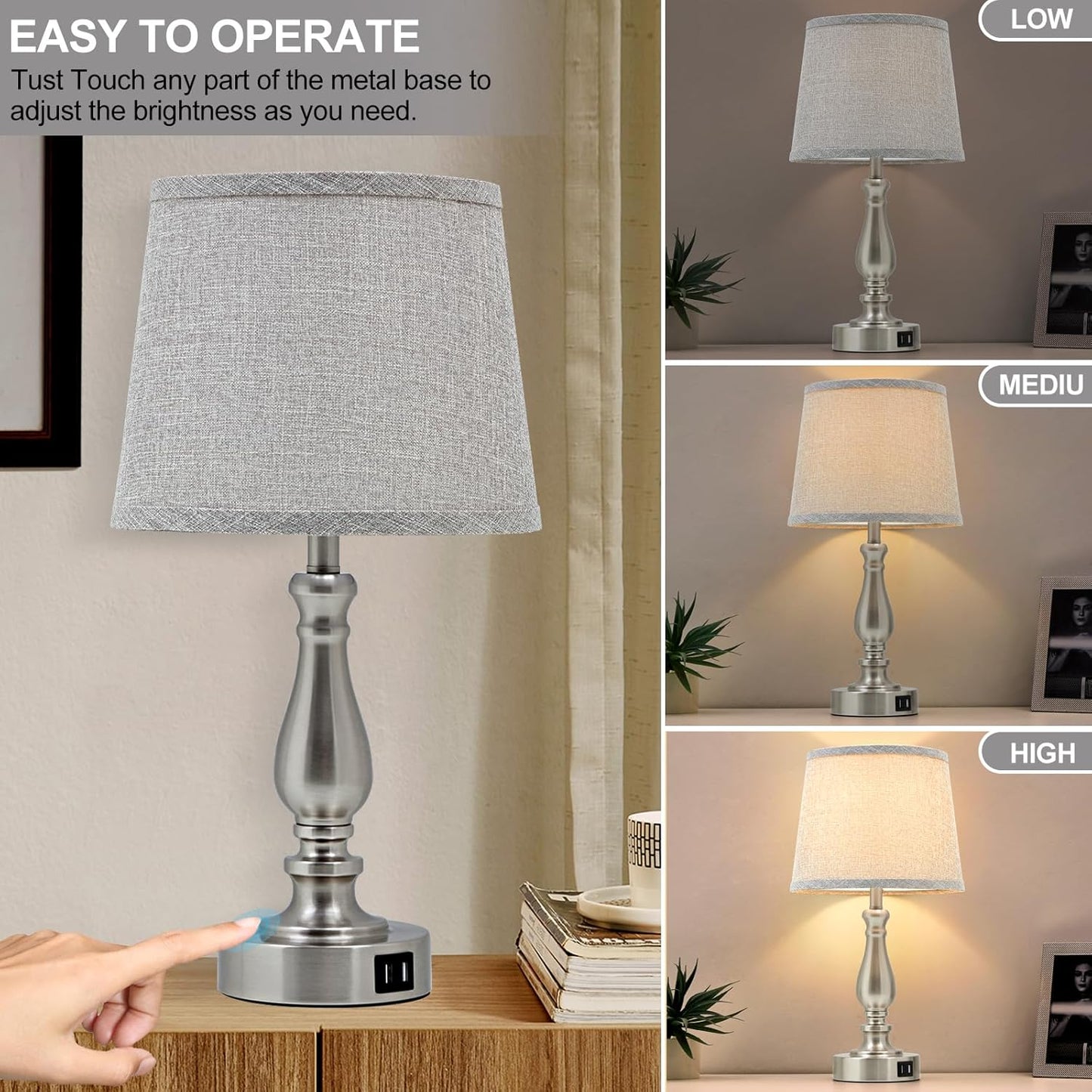 Touch Bedside Table Lamps Set of 2 with USB C+A Ports - 3-Way Dimmable Linen Shade