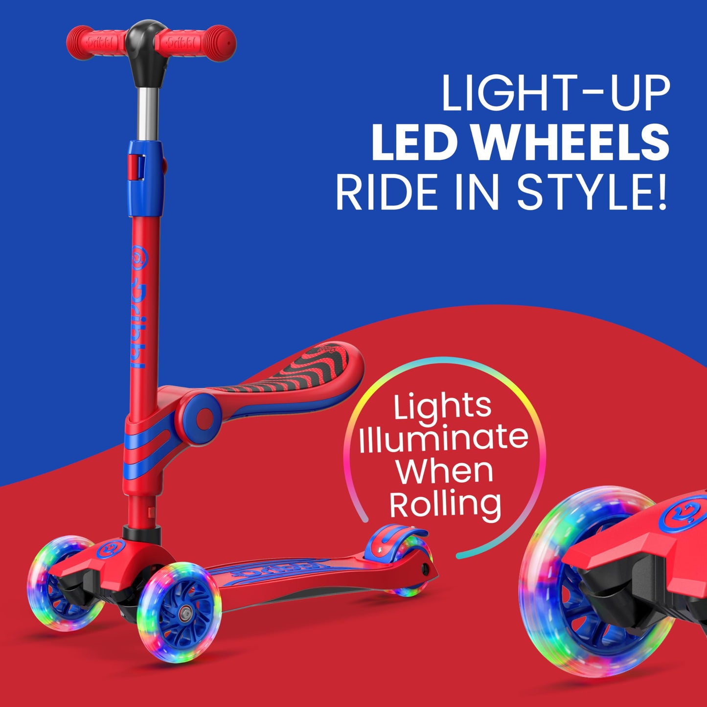 Red and Blue 3 Wheel Scooter with Seat for Kids, Light-Up Wheels, Adjustable Lean to Steer Handlebar and Seat, Smooth Wheels, Wide No-Slip Deck, Rear Foot Brake, Toddler Outdoor Toys for Ages 2+