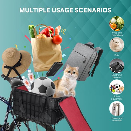 PIREKZUNT Folding Bike Rear Basket, Metal Ebike Basket Rear with PU Liner Bag and Waterproof Cover, Quick Release Design E Bike Frame for Men and Women Bicycle