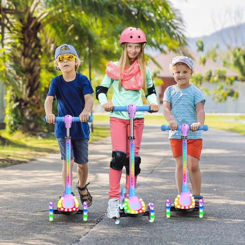 Kidscoter 3 Wheel with Light Patterns, Adjustable Height Foldable Scooter for Boys Girls Ages 3-12, Light-Up Handlebars & Deck, 130lbs Weight Limit, Gift for Toddlers, Pink/Blue/Purple (Purple-Light)