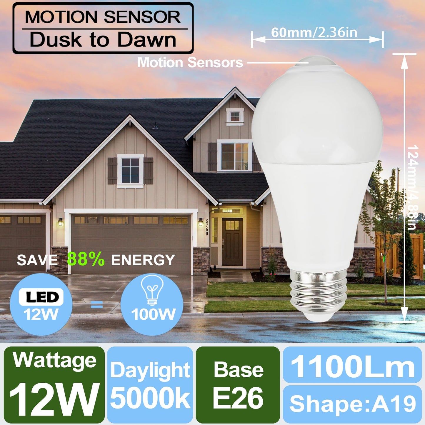 CICINY Motion Sensor Light Bulbs - 12W(100-Watt Equivalent), Outdoor/Indoor Motion Light Bulb Led A19 E26 5000K Daylight 1100LM, Dusk to Dawn Security Bulbs for Porch Hallway Basement Garage 2 Pack