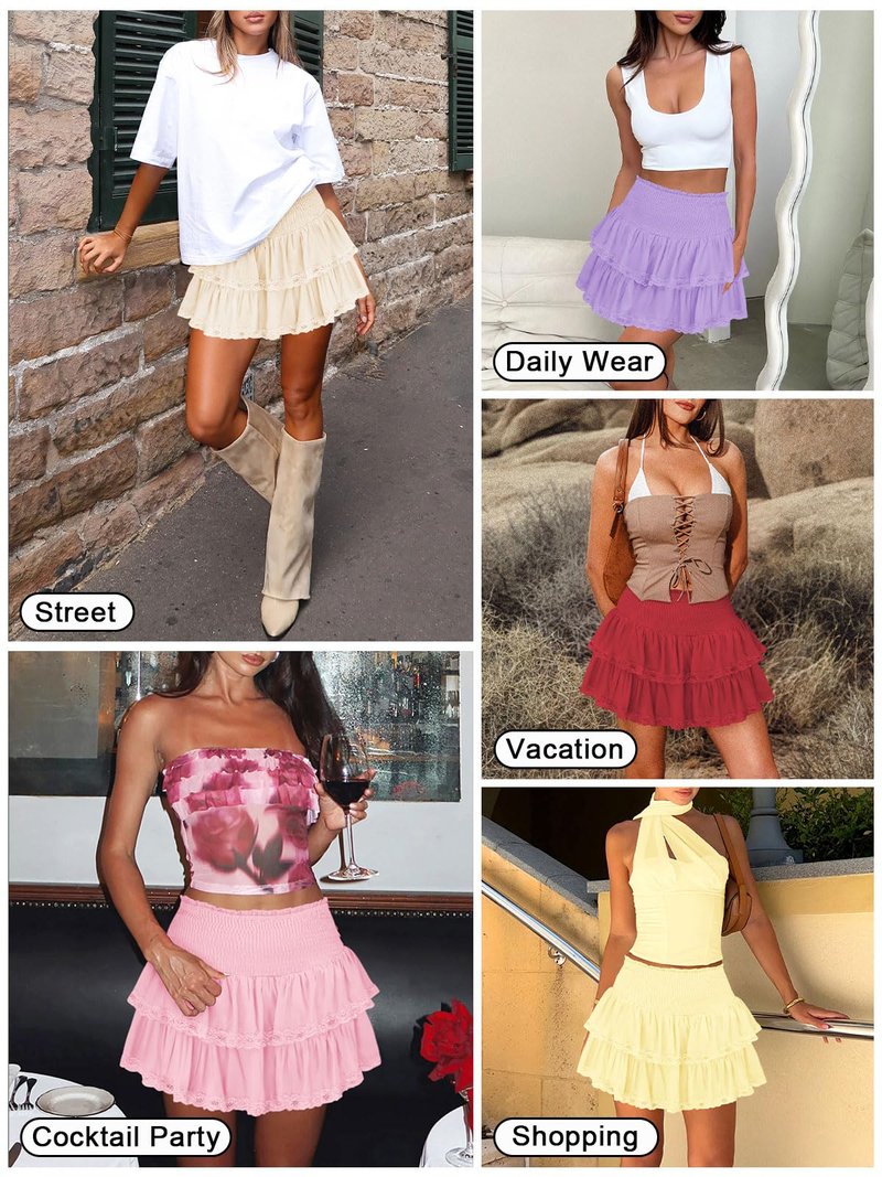 Pungdra Womens Casual Ruffle Mini Skirt Athletic Golf Tennis Skort Boho Tiered High Waist Layered Ruffle Lace Hem Flowy Short Skirts White Medium