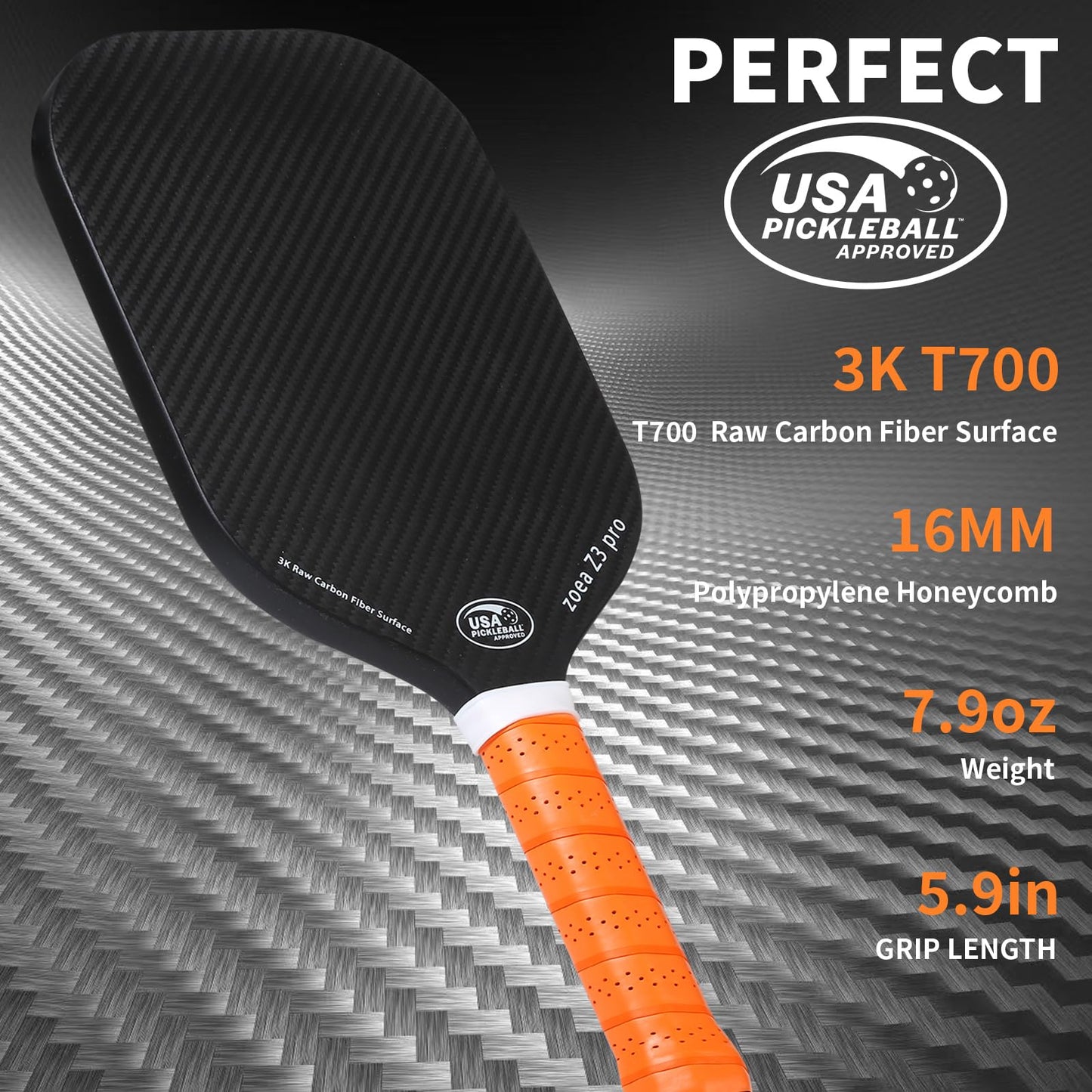 ZOEA Pickleball Paddle, USA Pickleball Approved, 16MM Polypropylene Honeycomb Core, Edgeless Style 3K Raw Carbon Fiber Surface + Carbon Abrasion Surface, Ideal for Novice and Professional Players 1PC