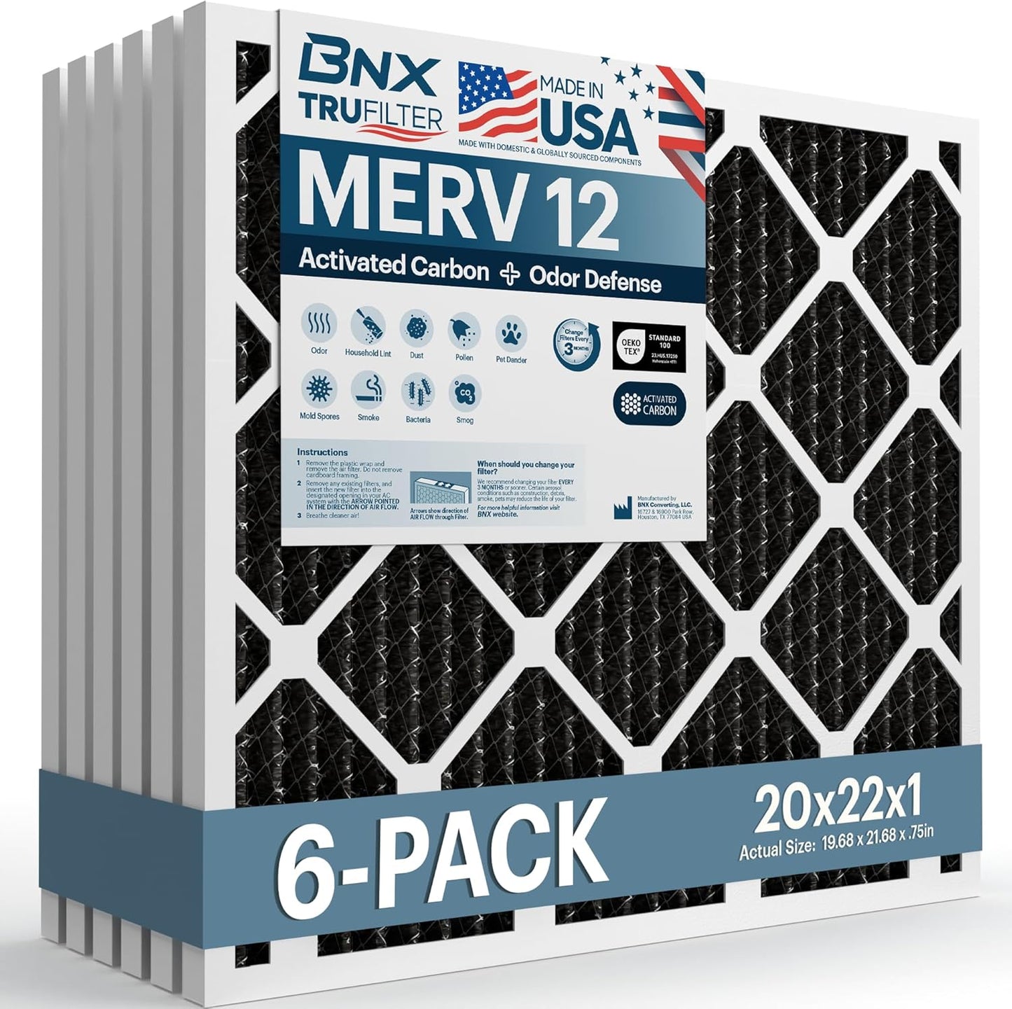 BNX TruFilter 12x12x1 MERV 8 Air Filters (6-Pack) - USA-Made Dust & Pet Defense for HVAC