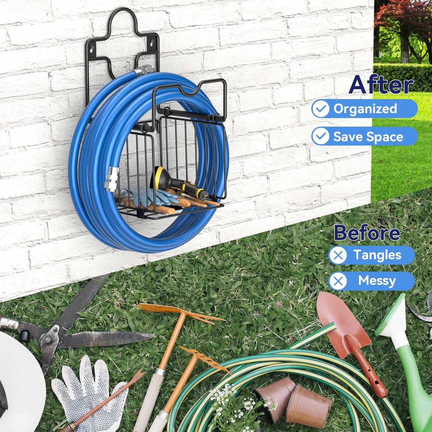 Garden Hose Holders for Outside Metal Water Hose Holder Wall Mount Hose Hanger with Storage Basket Heavy Duty Waterhose Holder for Outside Hose Rack Outdoor Hose Caddy Hook for Garden Organizer Black