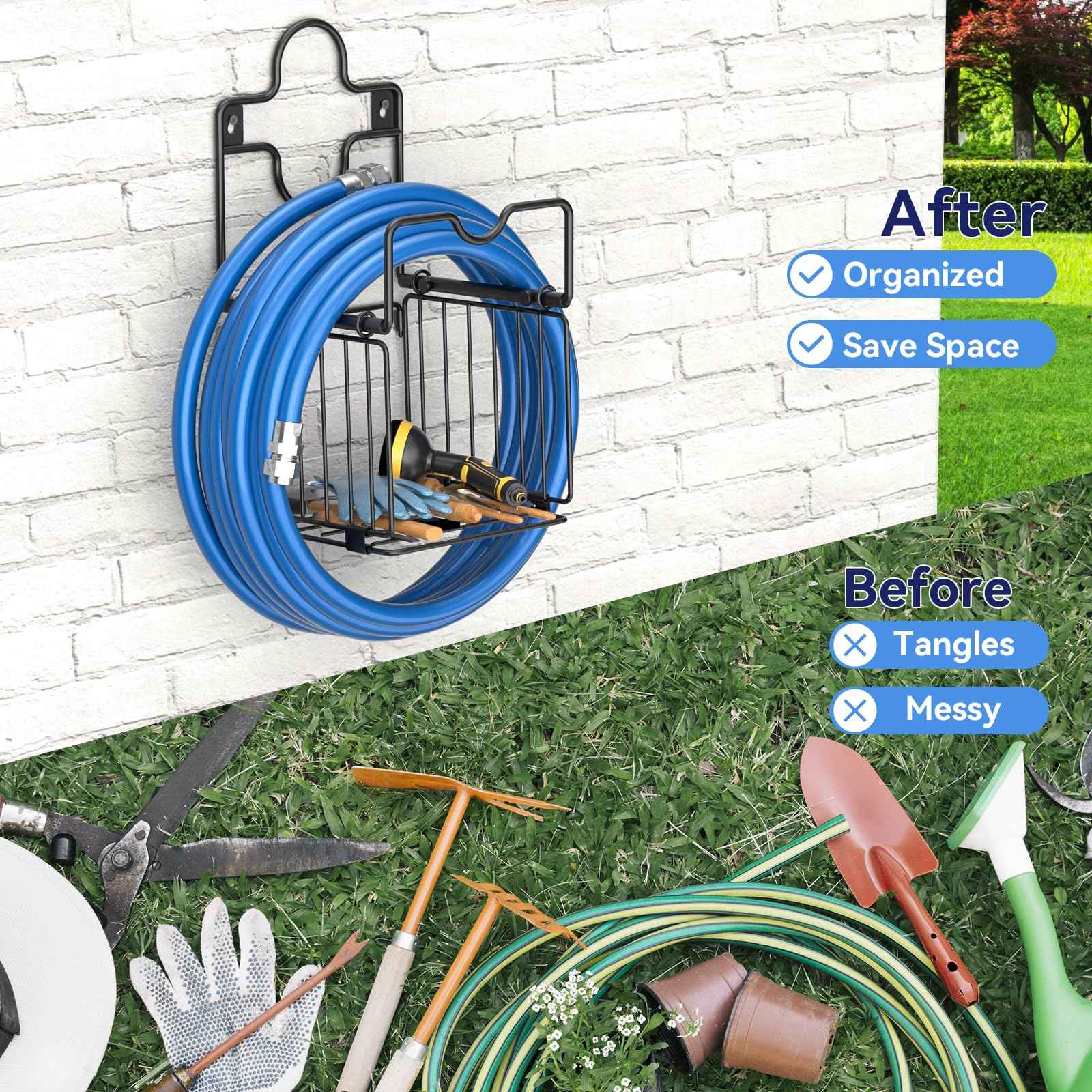 Garden Hose Holders for Outside Metal Water Hose Holder Wall Mount Hose Hanger with Storage Basket Heavy Duty Waterhose Holder for Outside Hose Rack Outdoor Hose Caddy Hook for Garden Organizer Black