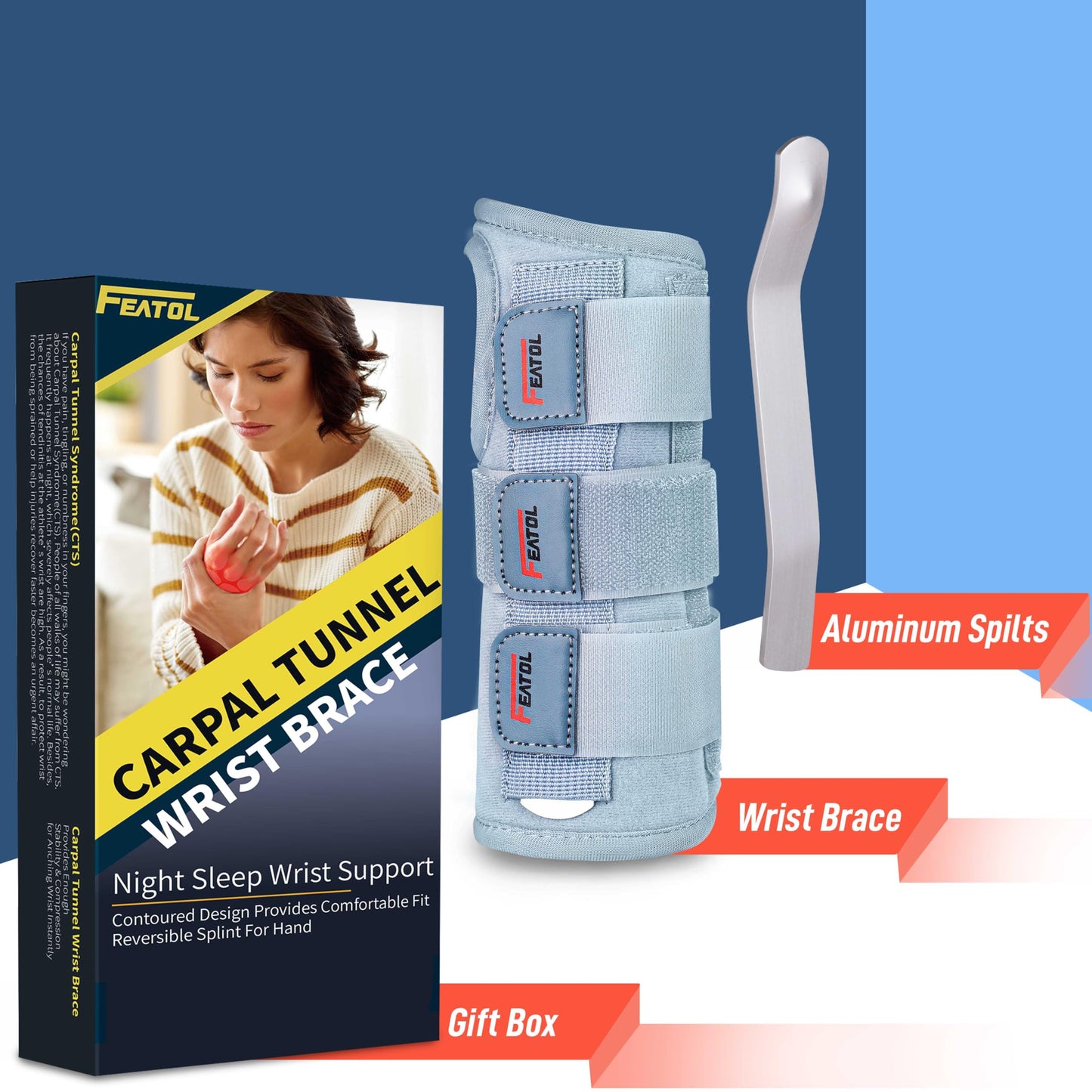 FEATOL Carpal Tunnel Wrist Brace Night Support- Pain Relief Tendonitis, Sprained,Arthritis, Carpal Tunnel Syndrome -Metal Splint Stabilizer With Hand Brace -FOR Sleeping Work Women Men -Left(S/M)