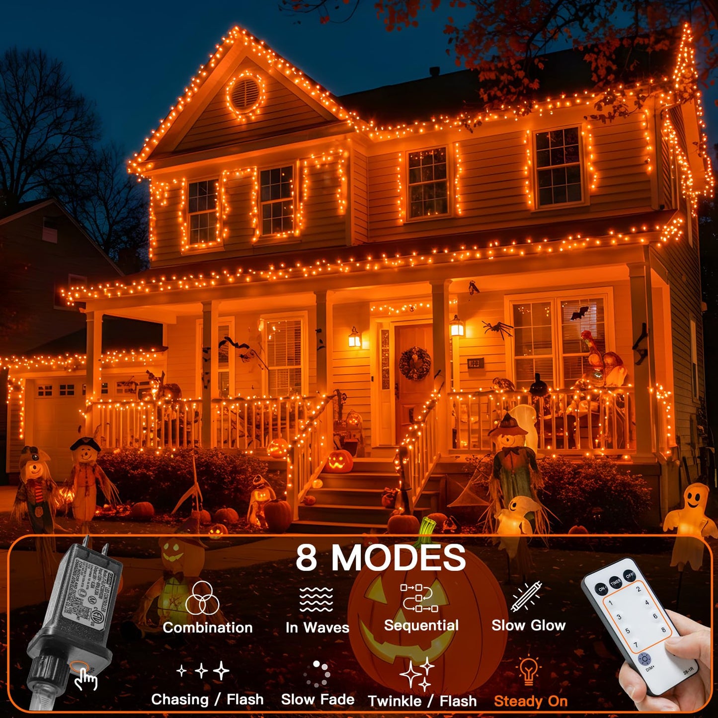 suddus Orange Halloween Lights Outdoor with Remote, 66ft 200 LED Connectable Waterproof String Lights Plug in, Dimmable Clear Wire Fairy Lights for Fall, Thanksgiving, Party, Tree, Garden, Porch Decor
